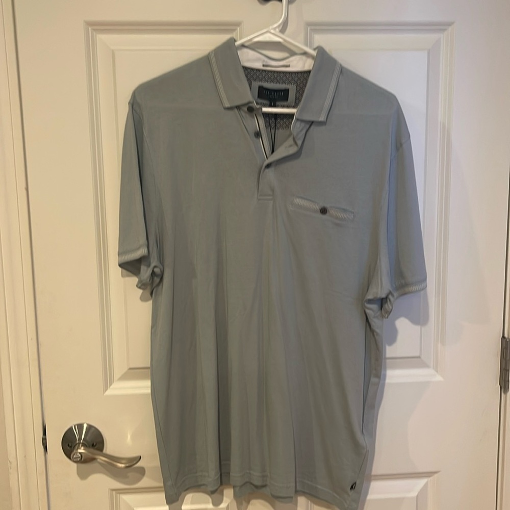 Ted Baker SS Polo with Birdseye stripe collar. Color Gray. British size 4